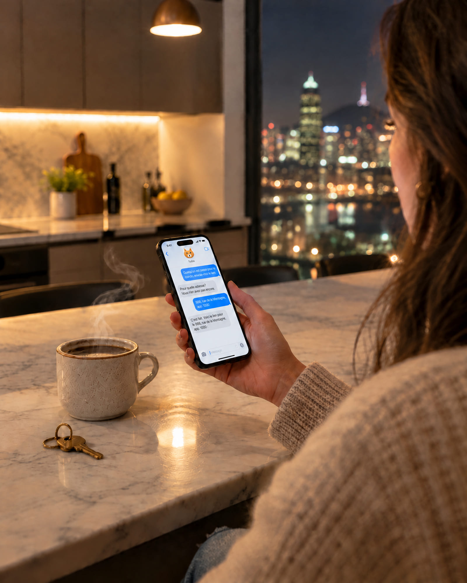 Le soir, à l'îlot de cuisine, un café qui fume : sur le téléphone, une conversation dans Messages avec Turbo.